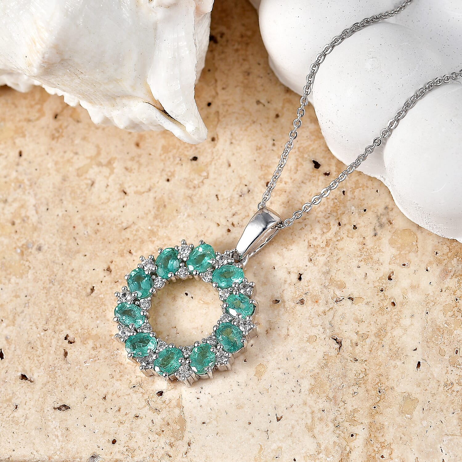 D'Joy - AAA Zambian Emerald & White Zircon Pendant with Chain (Size 20) in Rhodium Overlay Sterling Silver 1.90 Ct.