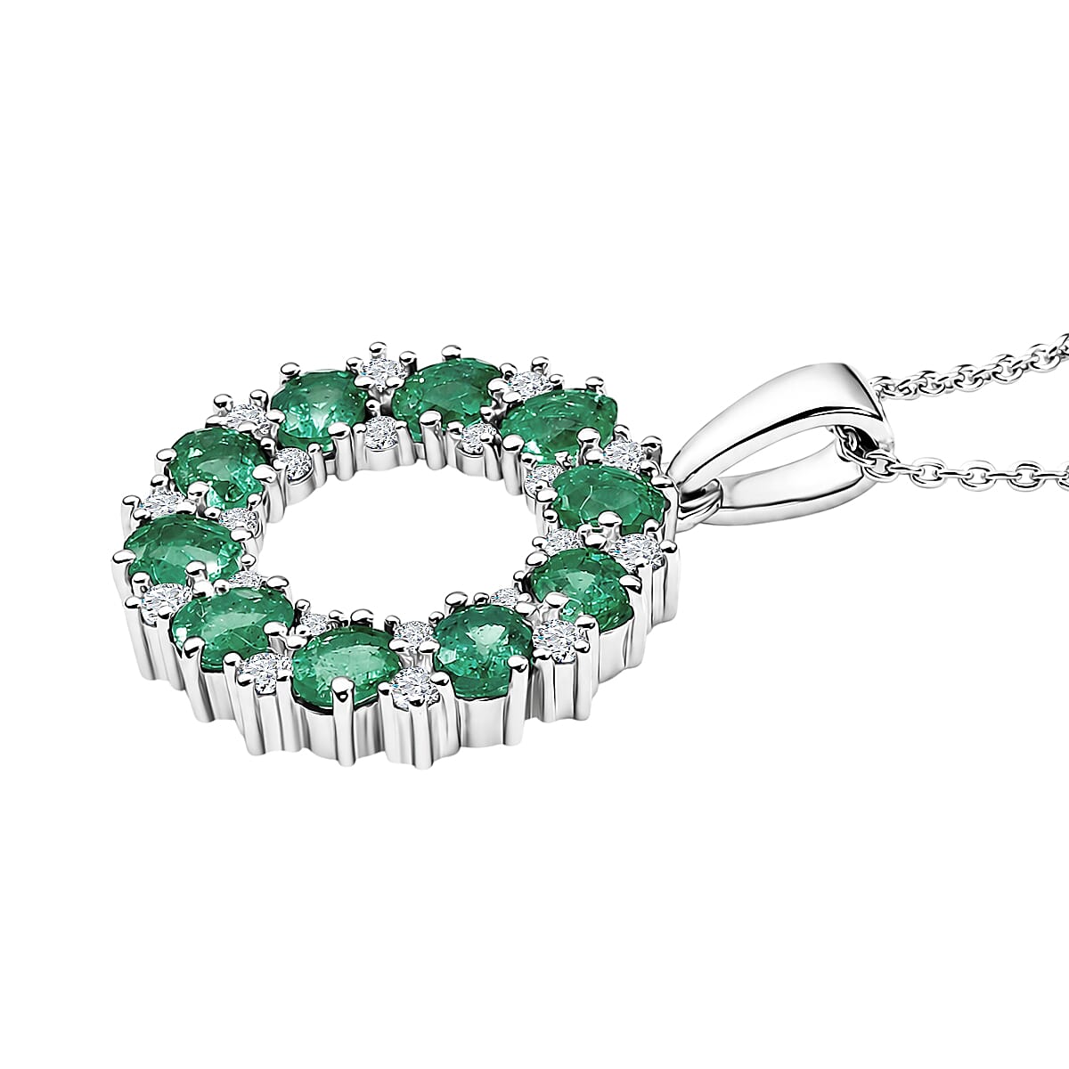 D'Joy - AAA Zambian Emerald & White Zircon Pendant with Chain (Size 20) in Rhodium Overlay Sterling Silver 1.90 Ct.