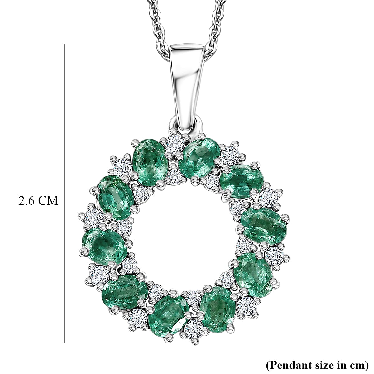 D'Joy - AAA Zambian Emerald & White Zircon Pendant with Chain (Size 20) in Rhodium Overlay Sterling Silver 1.90 Ct.