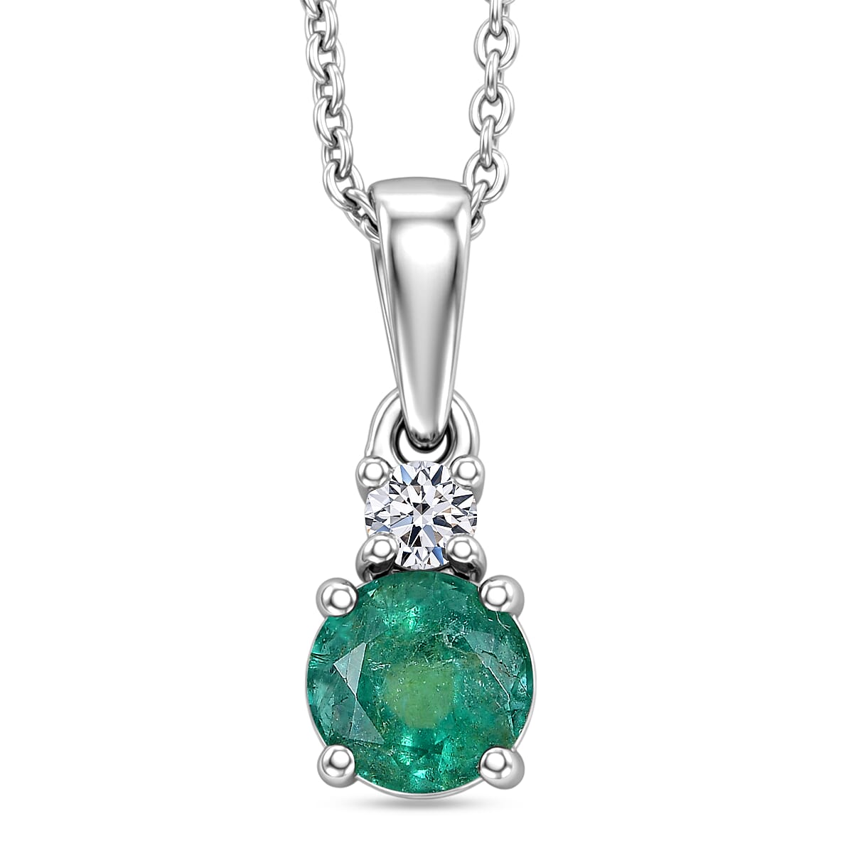 Zambian Emerald,  Lab Grown Diamond Pendant with Torn Chain 19DC (Size 20) in Rhodium Overlay Sterling Silver 0.06 ct  0.547  Ct.