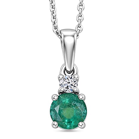 Zambian Emerald,  Lab Grown Diamond Pendant with Torn Chain 19DC (Size 20) in Rhodium Overlay Sterling Silver 0.06 ct  0.547  Ct.