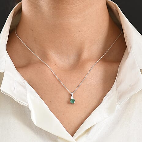Zambian Emerald,  Lab Grown Diamond Pendant with Torn Chain 19DC (Size 20) in Rhodium Overlay Sterling Silver 0.06 ct  0.547  Ct.