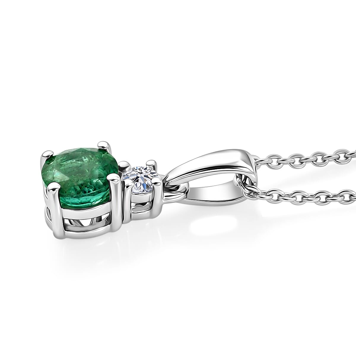 Zambian Emerald,  Lab Grown Diamond Pendant with Torn Chain 19DC (Size 20) in Rhodium Overlay Sterling Silver 0.06 ct  0.547  Ct.