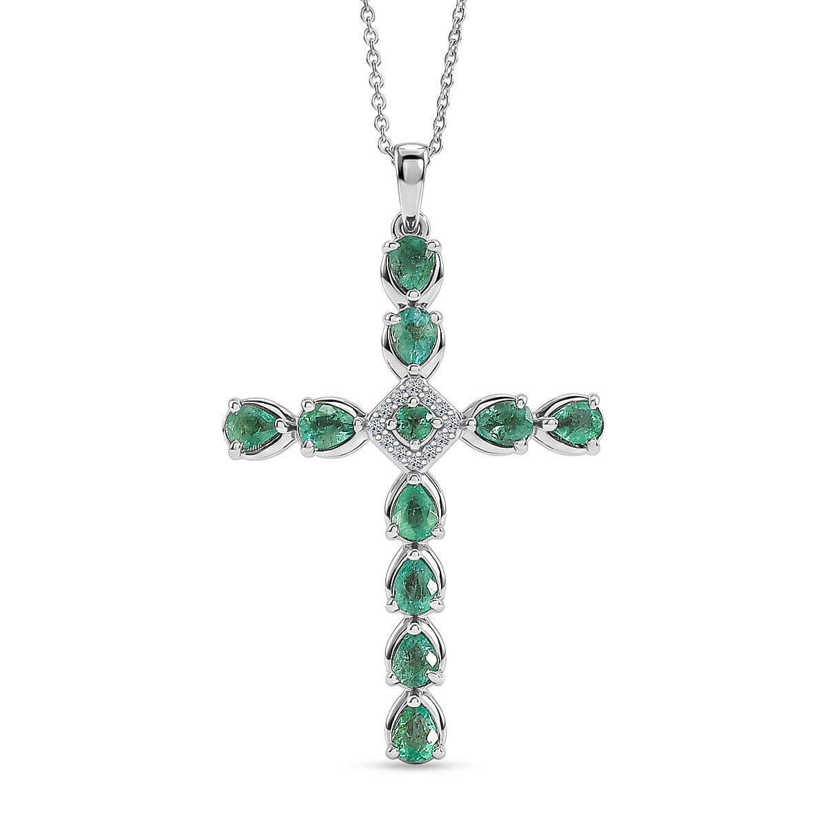Luxuriant - Zambian Emerald & Lab Grown Diamond (SI-G-H) Pendant with Chain (Size 20) in Rhodium Overlay Sterling Silver 1.34 Ct.