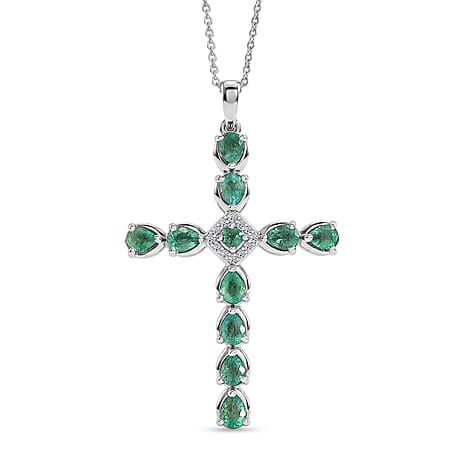Luxuriant - Zambian Emerald & Lab Grown Diamond (SI-G-H) Pendant with Chain (Size 20) in Rhodium Overlay Sterling Silver 1.34 Ct.
