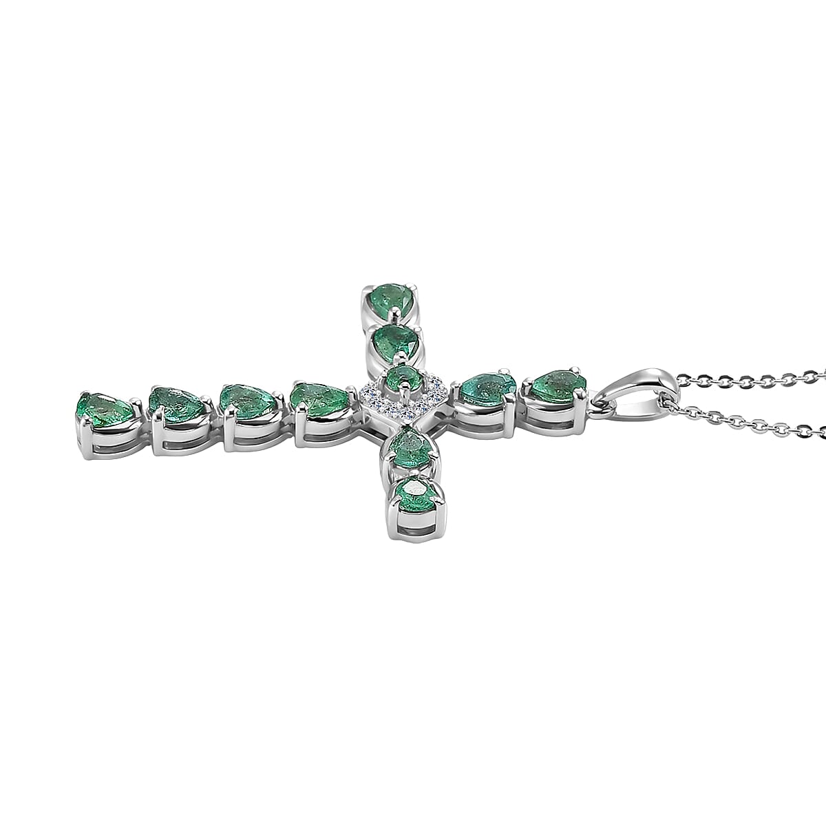 Luxuriant - Zambian Emerald & Lab Grown Diamond (SI-G-H) Pendant with Chain (Size 20) in Rhodium Overlay Sterling Silver 1.34 Ct.