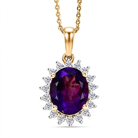 Luxuriant - AAA Zambian Amethyst & Lab Grown Diamond (SI-G-H) Pendant with Chain (Size 20) in 18K Vermeil Yellow Gold Plated Sterling Silver 3.36 Ct.
