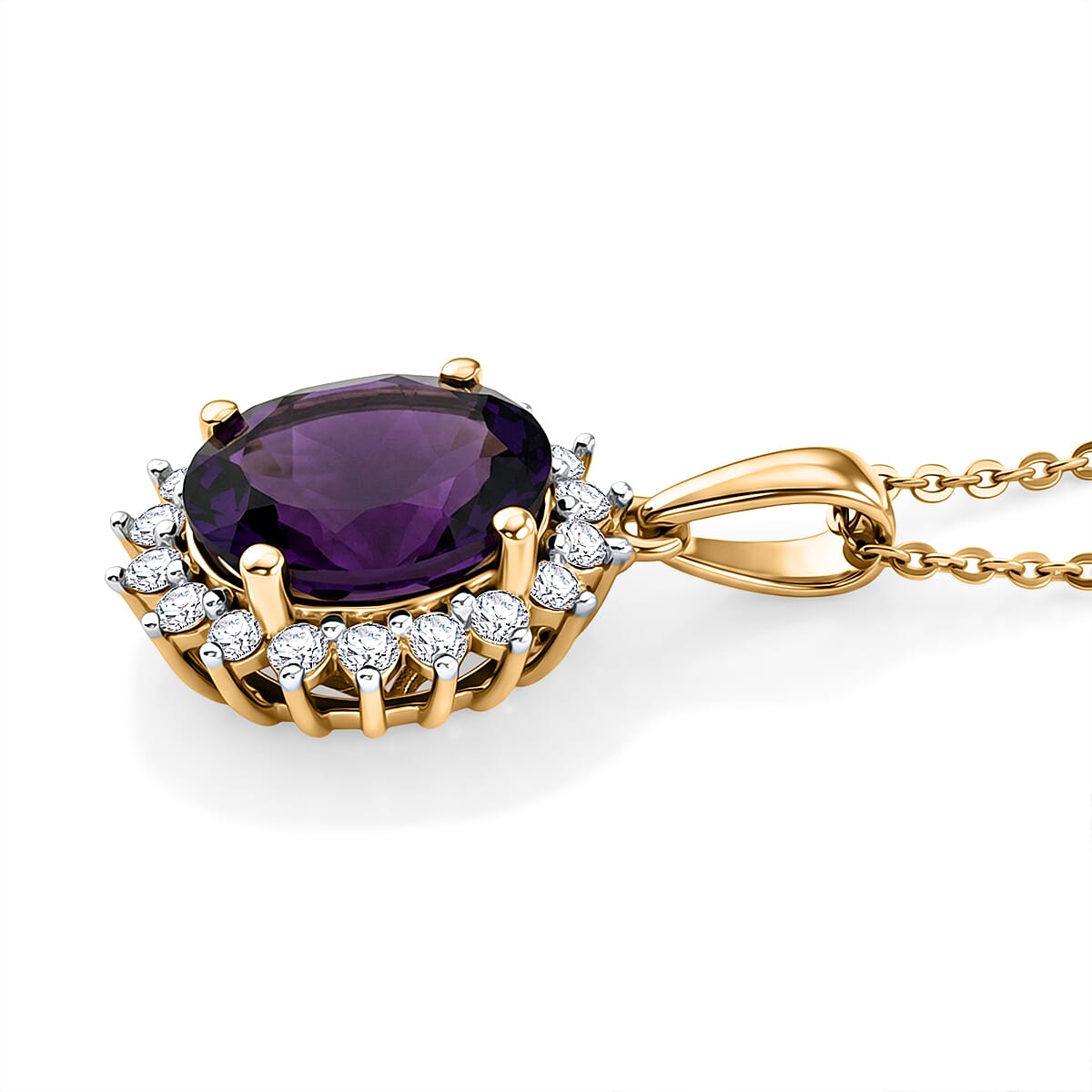Luxuriant - AAA Zambian Amethyst & Lab Grown Diamond (SI-G-H) Pendant with Chain (Size 20) in 18K Vermeil Yellow Gold Plated Sterling Silver 3.36 Ct.