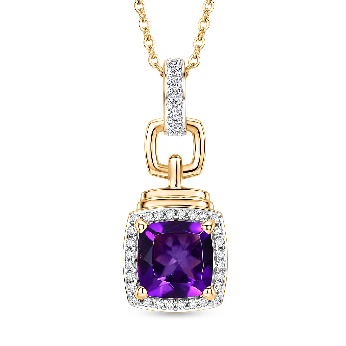 D'Joy - AAA Zambian Amethyst & White Zircon Pendant with Chain (Size 20) in Yellow Gold Plated Sterling Silver 1.73 Ct.