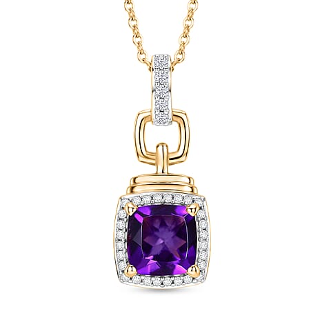 D'Joy - AAA Zambian Amethyst & White Zircon Pendant with Chain (Size 20) in Yellow Gold Plated Sterling Silver 1.73 Ct.