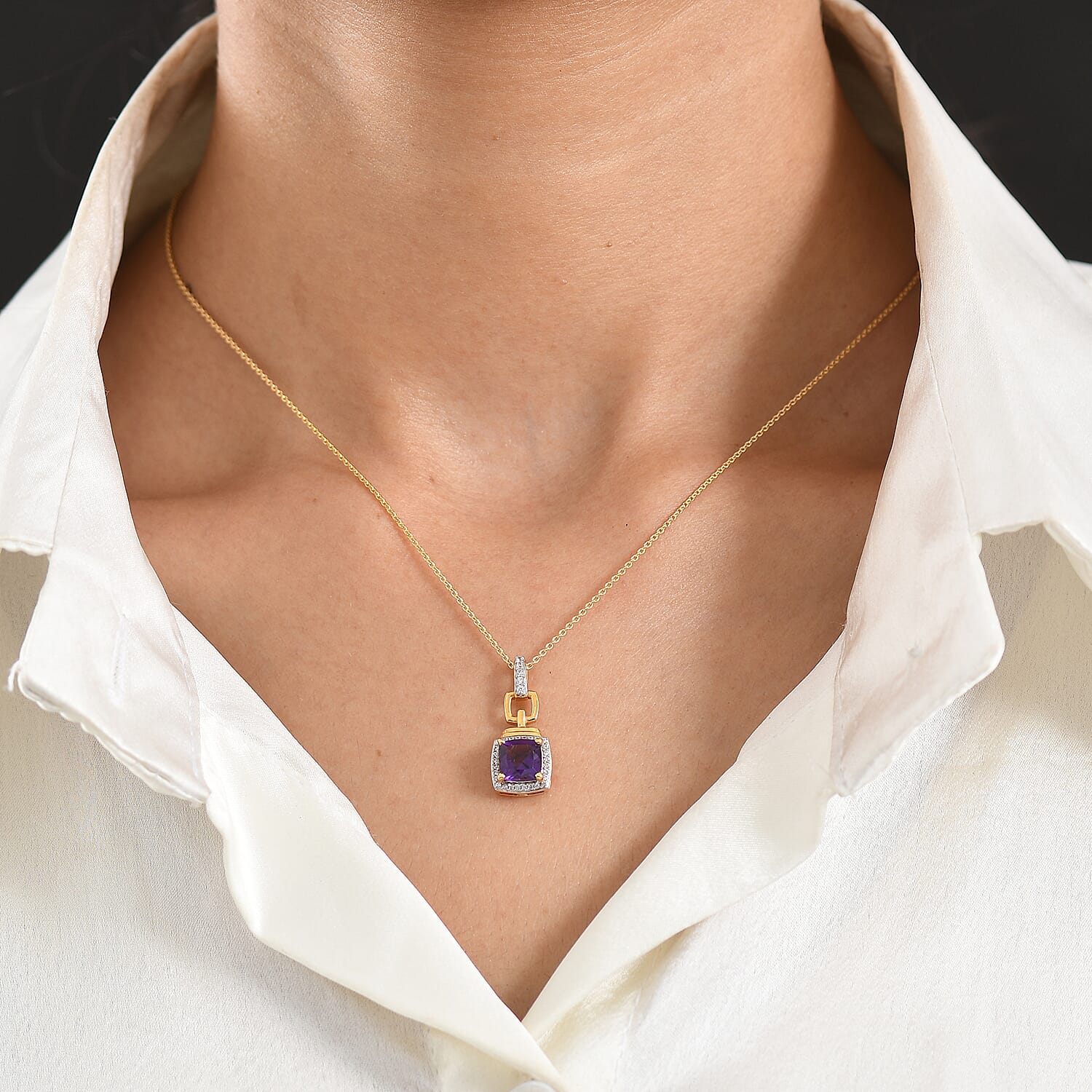 D'Joy - AAA Zambian Amethyst & White Zircon Pendant with Chain (Size 20) in Yellow Gold Plated Sterling Silver 1.73 Ct.