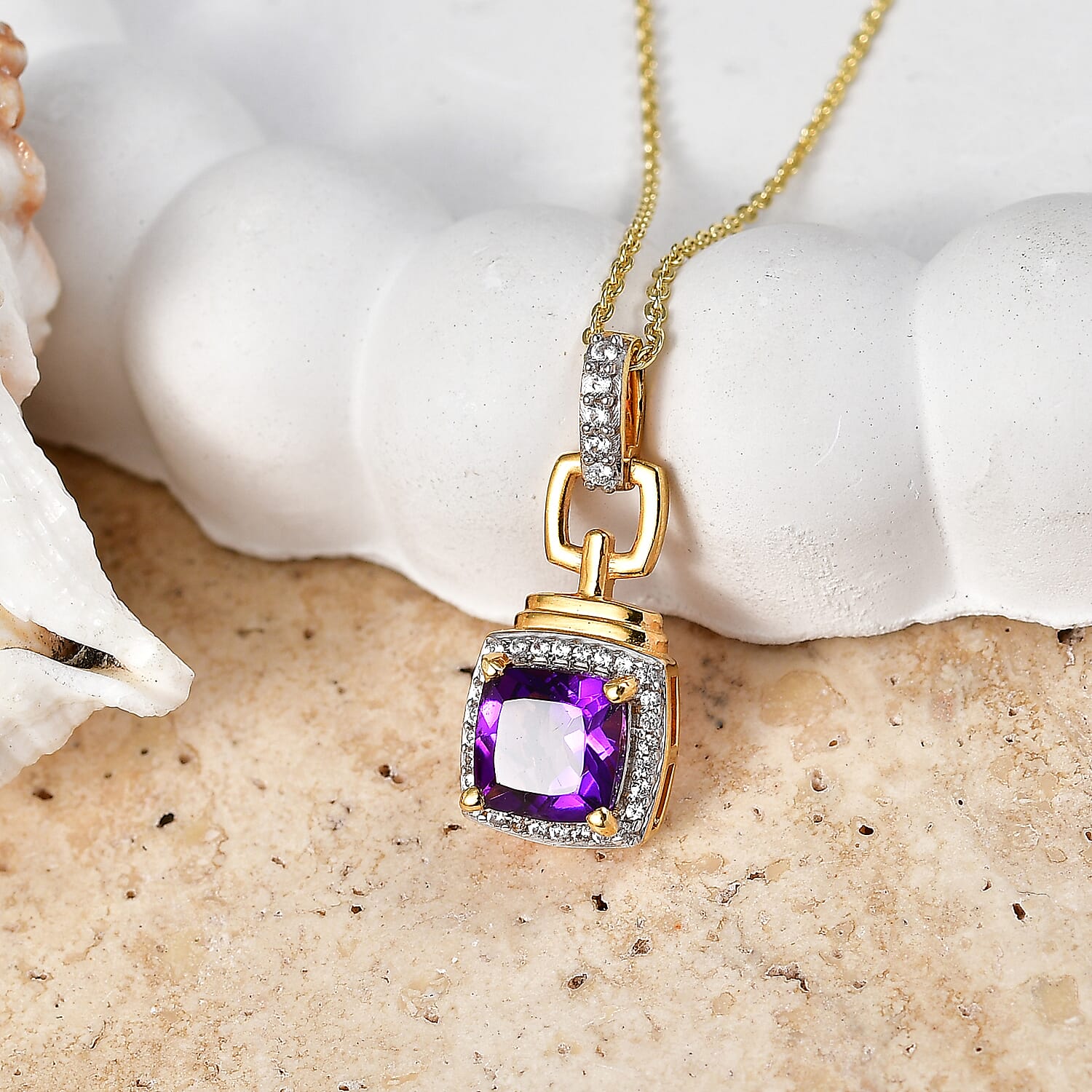 D'Joy - AAA Zambian Amethyst & White Zircon Pendant with Chain (Size 20) in Yellow Gold Plated Sterling Silver 1.73 Ct.