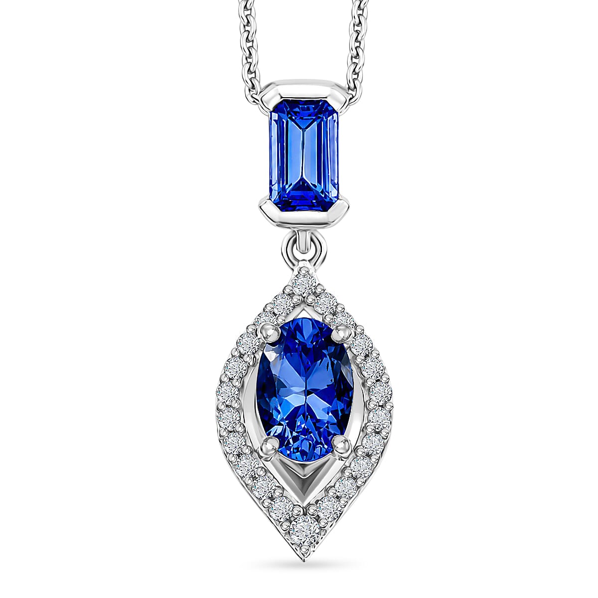 D'Joy - Tanzanite & White Zircon Pendant with Chain (Size 20) in Rhodium Overlay Sterling Silver