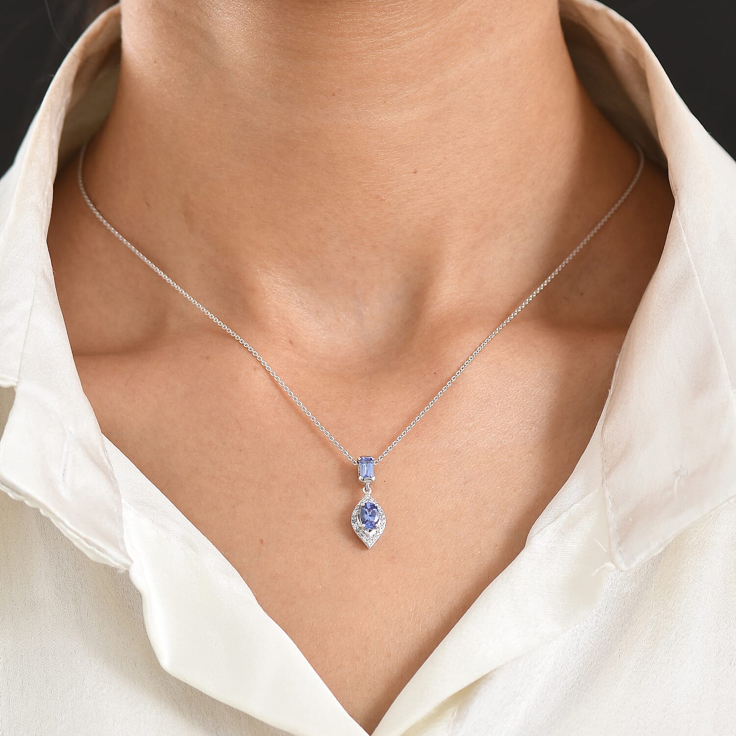 D'Joy - Tanzanite & White Zircon Pendant with Chain (Size 20) in Rhodium Overlay Sterling Silver