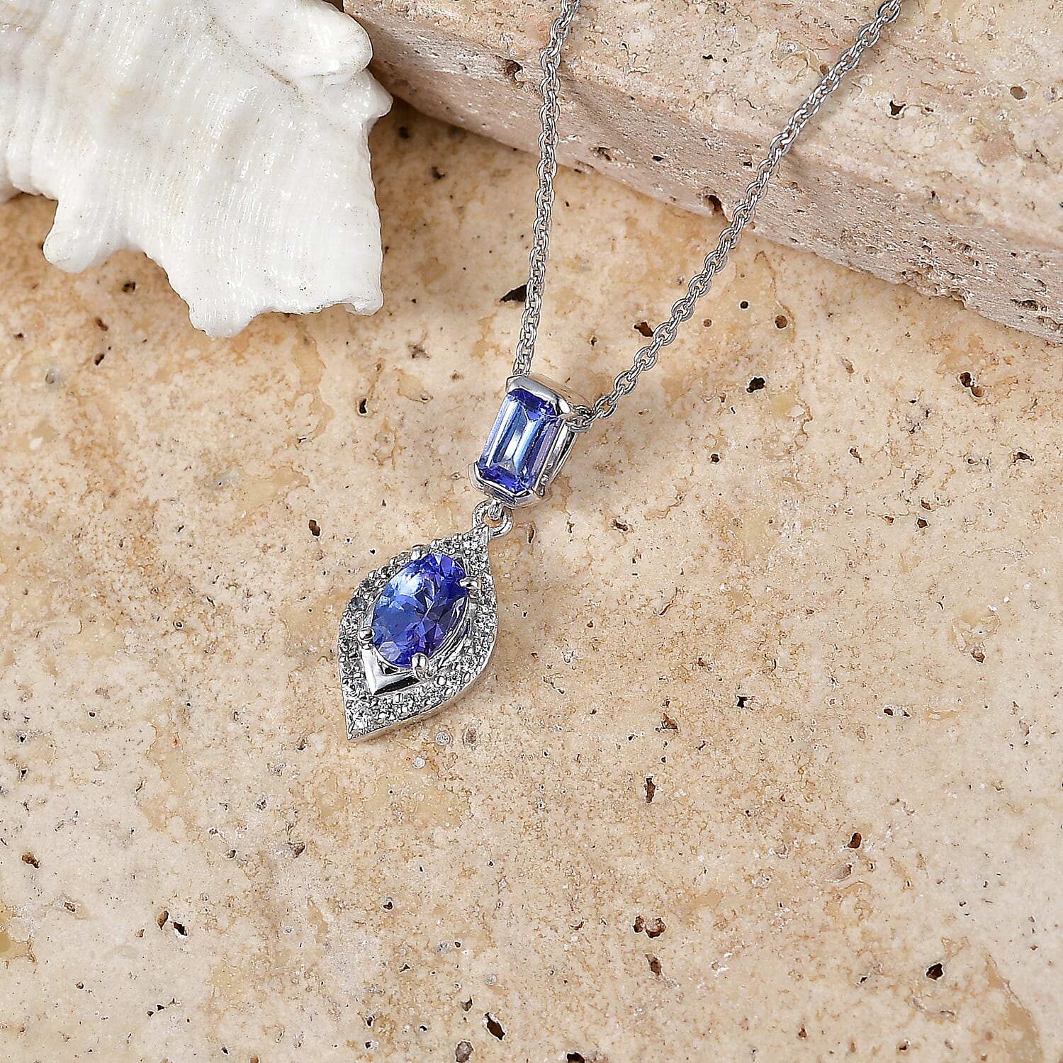 D'Joy - Tanzanite & White Zircon Pendant with Chain (Size 20) in Rhodium Overlay Sterling Silver
