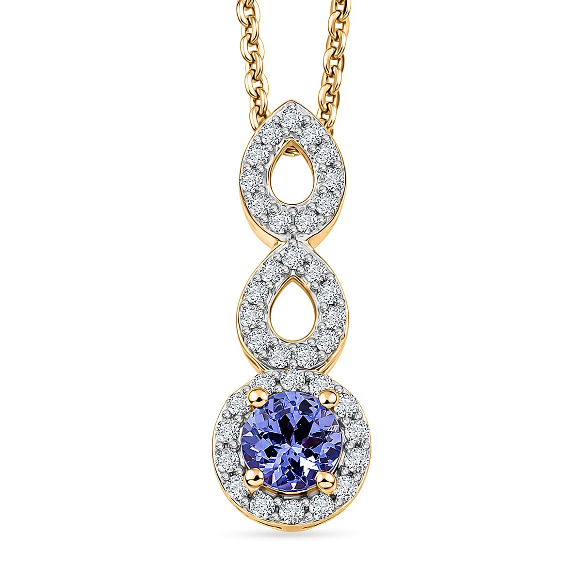 D'Joy - Tanzanite & White Zircon Pendant with Chain (Size 20) in Yellow Gold Plated Sterling Silver