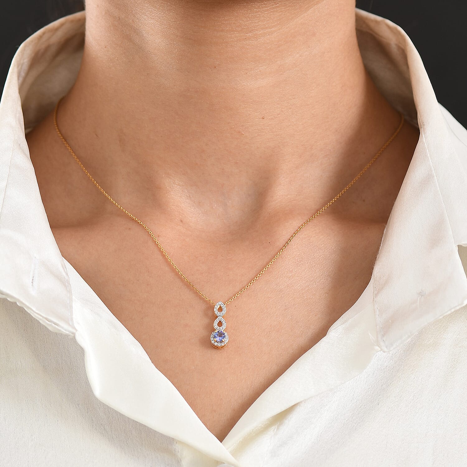 D'Joy - Tanzanite & White Zircon Pendant with Chain (Size 20) in Yellow Gold Plated Sterling Silver