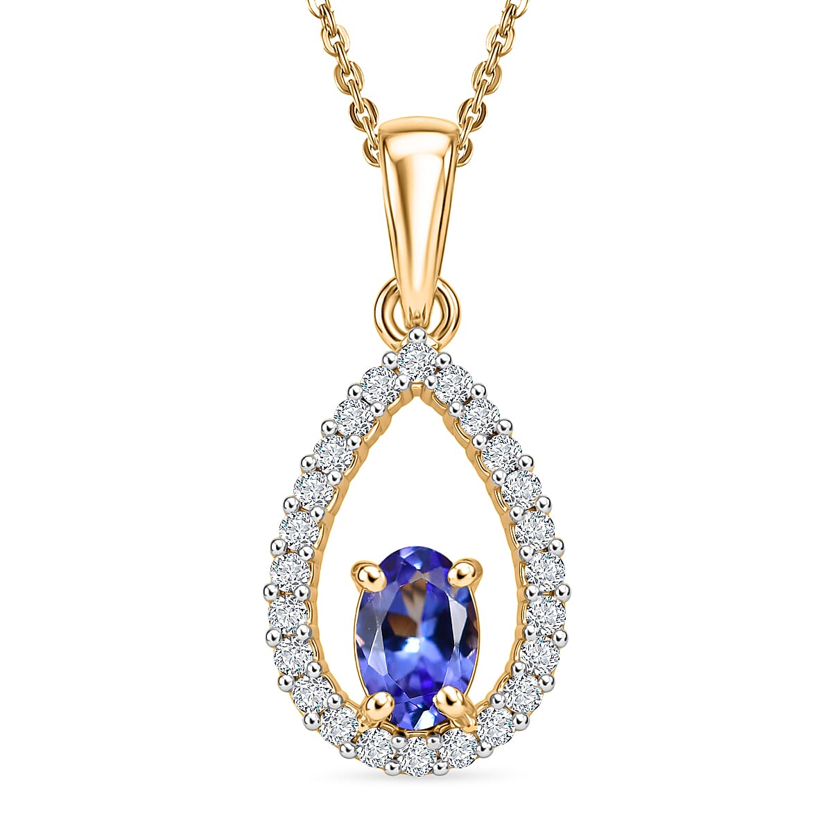 D'Joy - Tanzanite & White Zircon Pendant with Chain (Size 20) in Yellow Gold Plated Sterling Silver