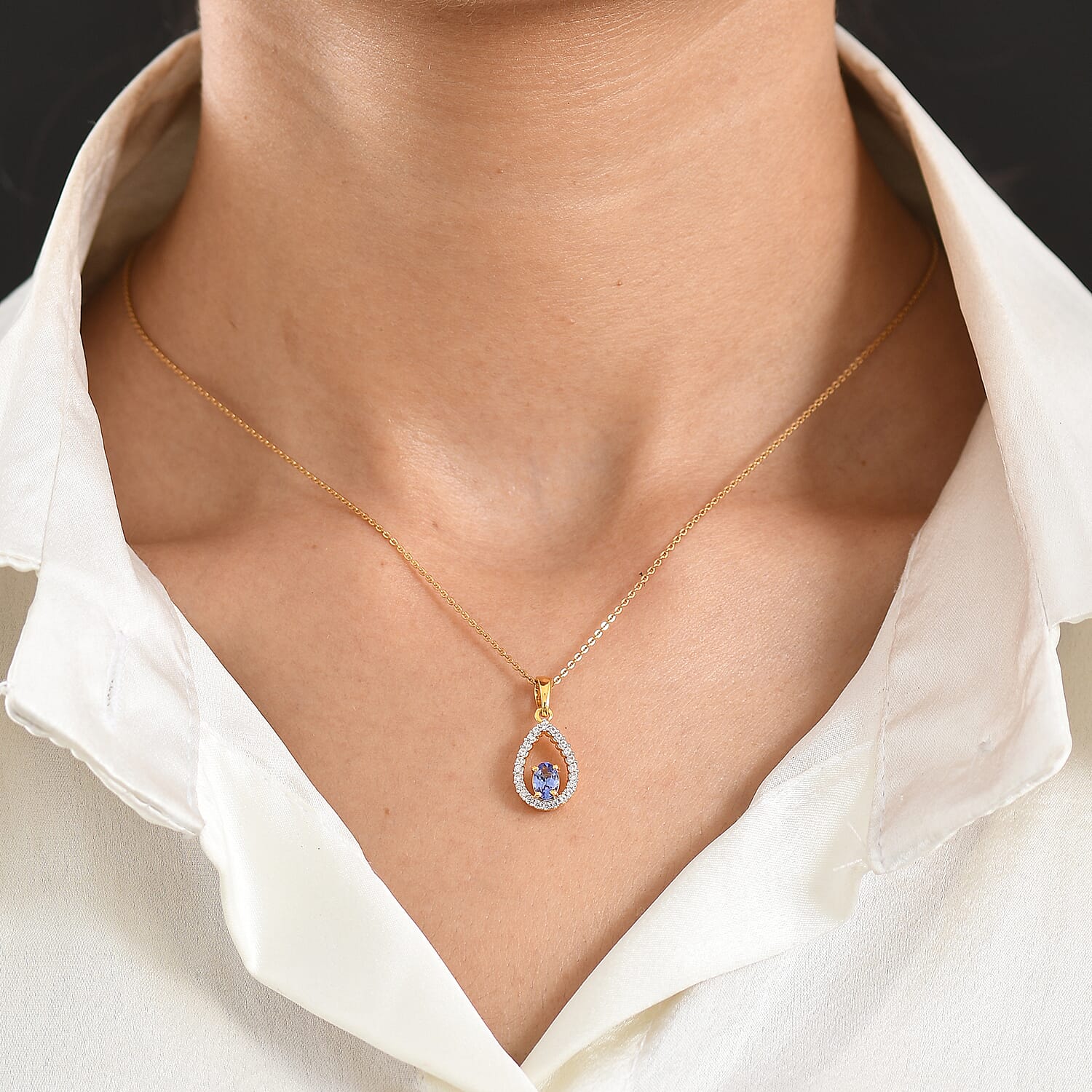 D'Joy - Tanzanite & White Zircon Pendant with Chain (Size 20) in Yellow Gold Plated Sterling Silver