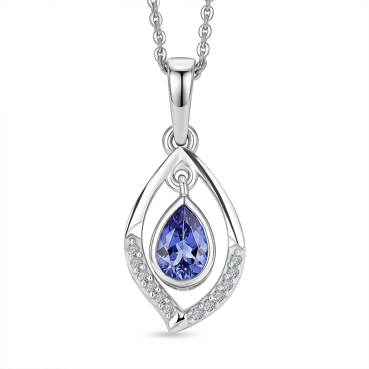 D'Joy - Tanzanite & White Zircon Pendant with Chain (Size 20) in Rhodium Overlay Sterling Silver