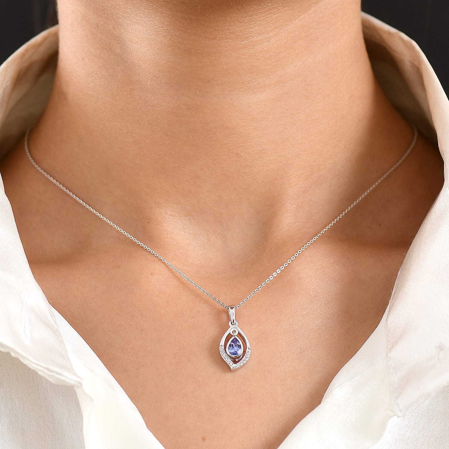 D'Joy - Tanzanite & White Zircon Pendant with Chain (Size 20) in Rhodium Overlay Sterling Silver