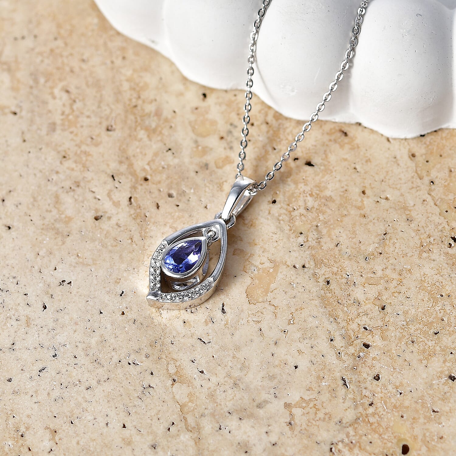 D'Joy - Tanzanite & White Zircon Pendant with Chain (Size 20) in Rhodium Overlay Sterling Silver