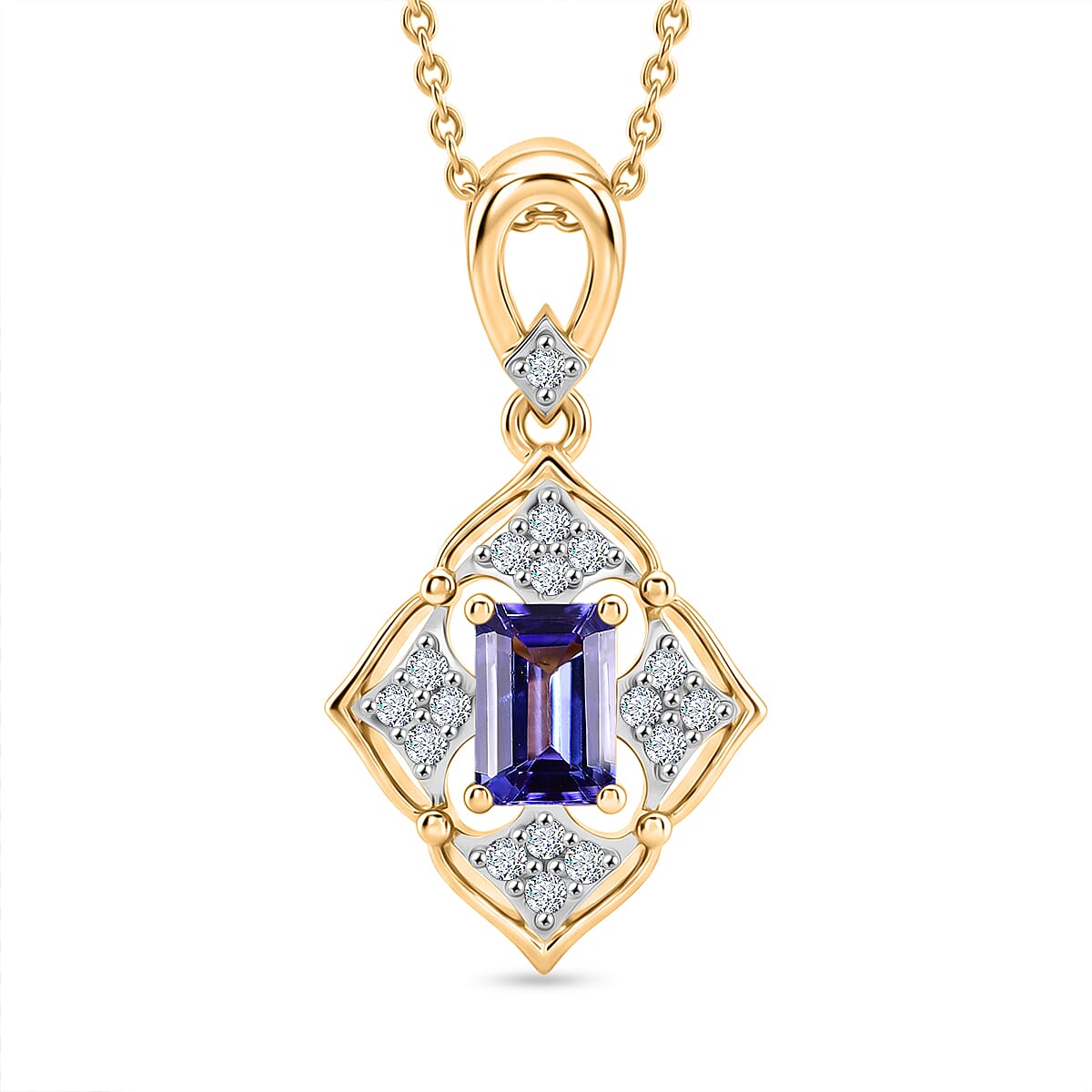 D'Joy - Tanzanite & White Zircon Pendant with Chain (Size 20) in 18K Vermeil Yellow Gold Plated Sterling Silver