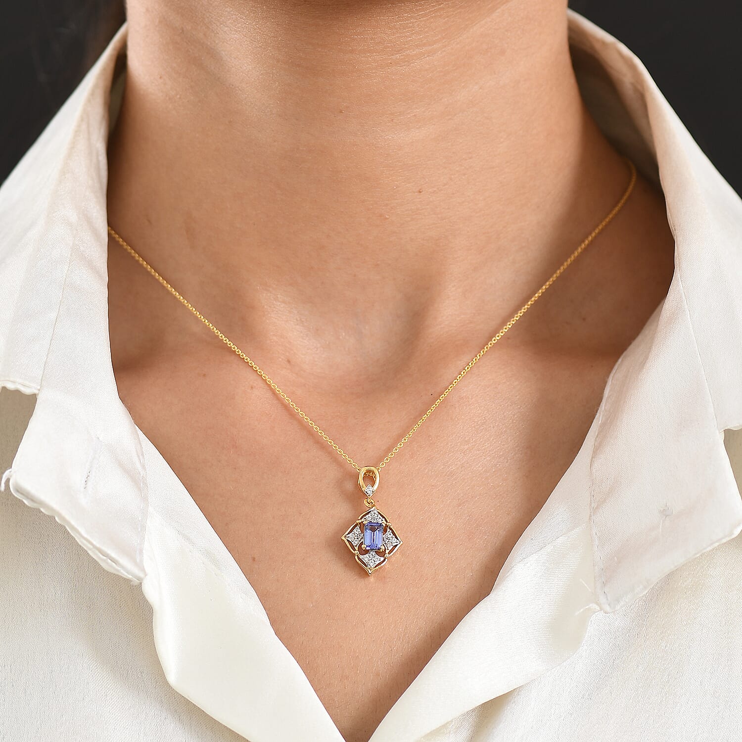 D'Joy - Tanzanite & White Zircon Pendant with Chain (Size 20) in 18K Vermeil Yellow Gold Plated Sterling Silver
