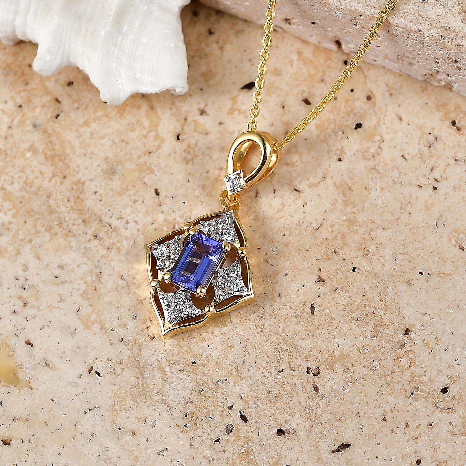 D'Joy - Tanzanite & White Zircon Pendant with Chain (Size 20) in 18K Vermeil Yellow Gold Plated Sterling Silver