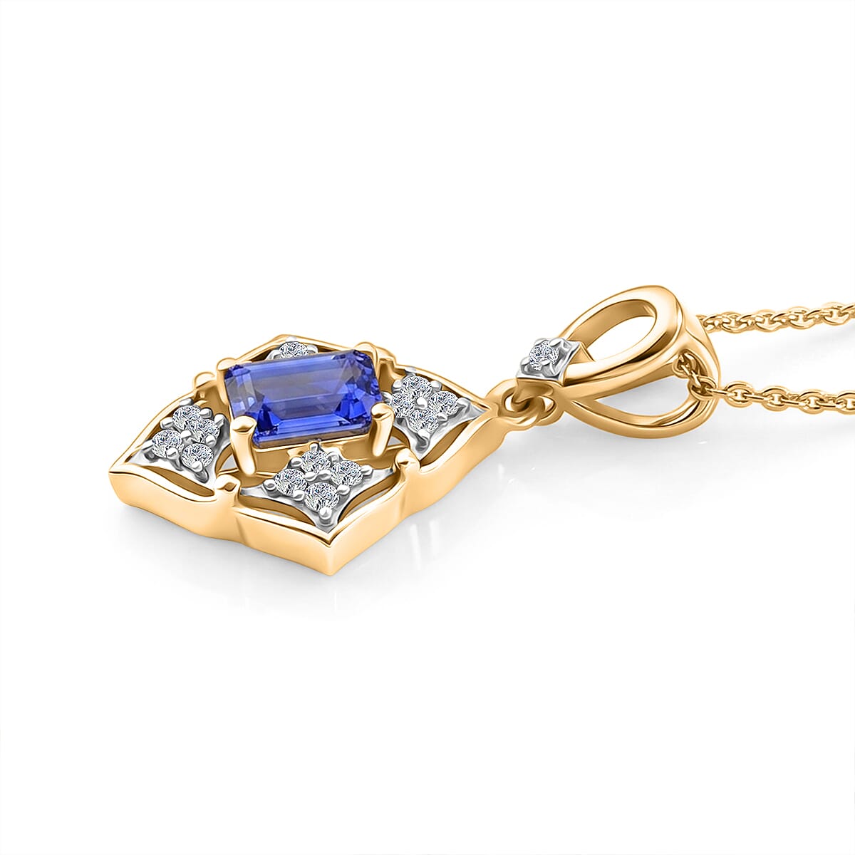 D'Joy - Tanzanite & White Zircon Pendant with Chain (Size 20) in 18K Vermeil Yellow Gold Plated Sterling Silver