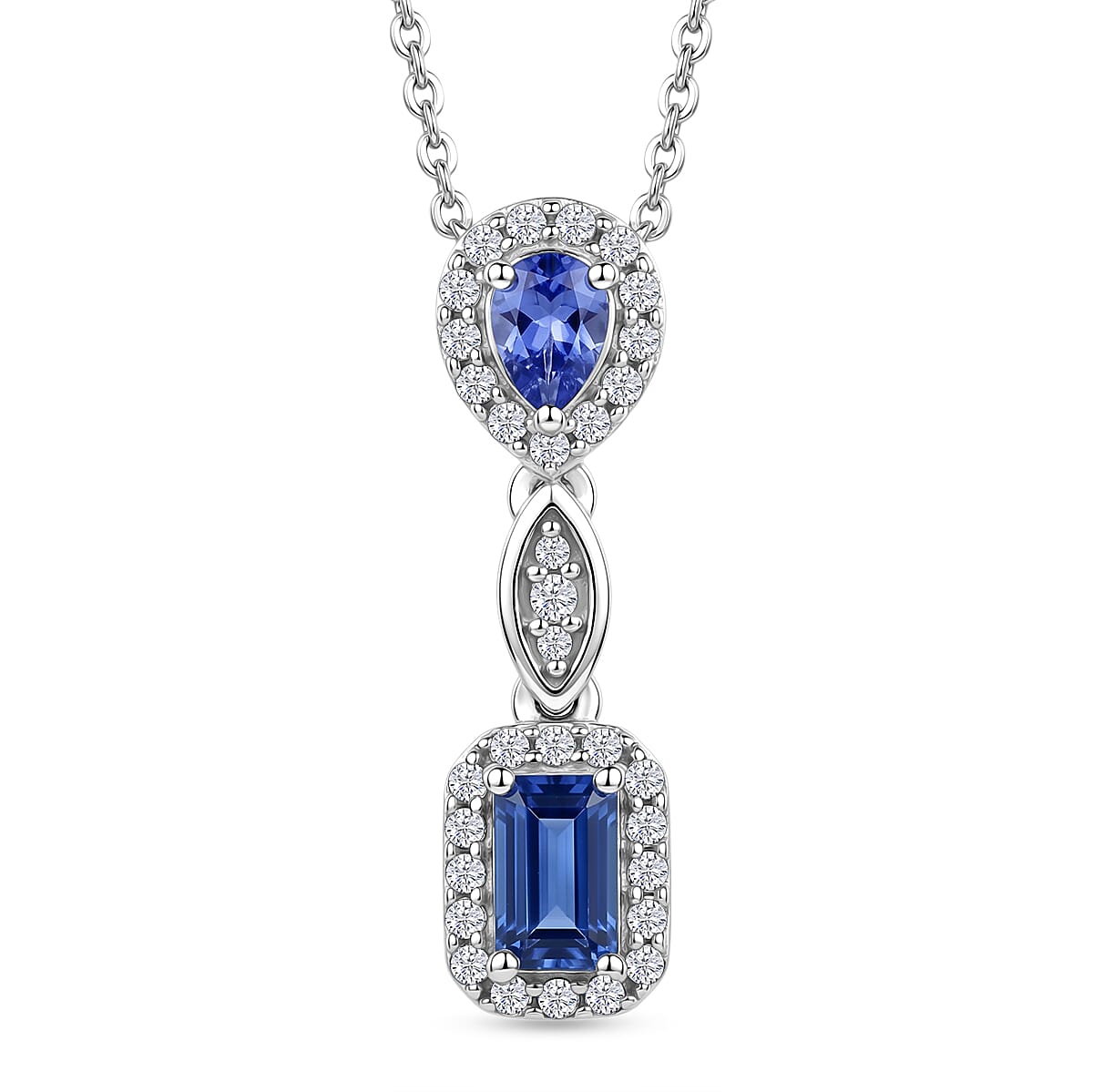 D'Joy - Tanzanite & White Zircon Pendant with Chain (Size 20) in Rhodium Overlay Sterling Silver