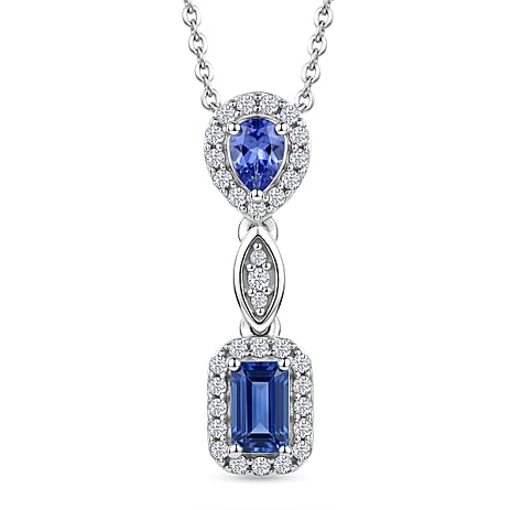D'Joy - Tanzanite & White Zircon Pendant with Chain (Size 20) in Rhodium Overlay Sterling Silver