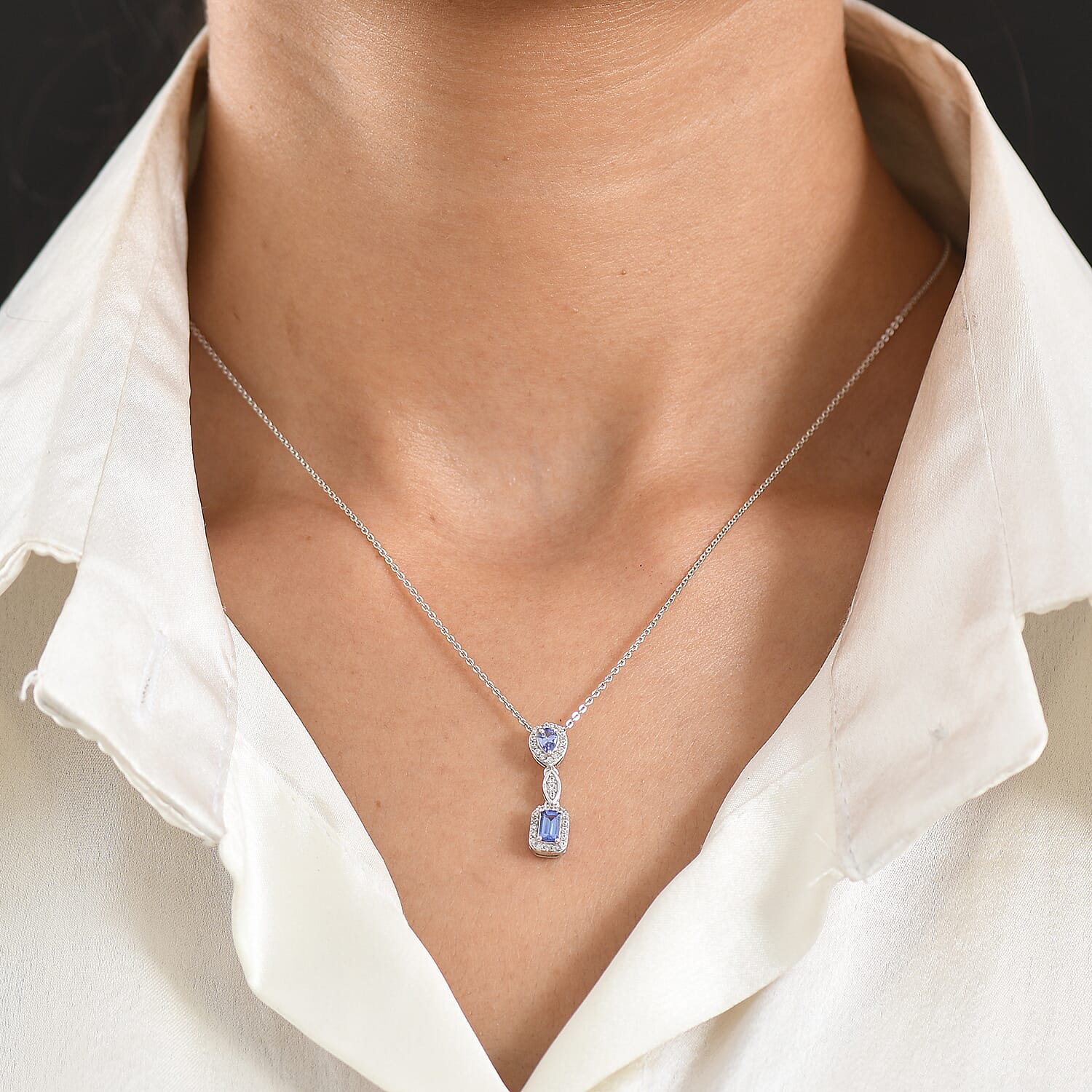 D'Joy - Tanzanite & White Zircon Pendant with Chain (Size 20) in Rhodium Overlay Sterling Silver