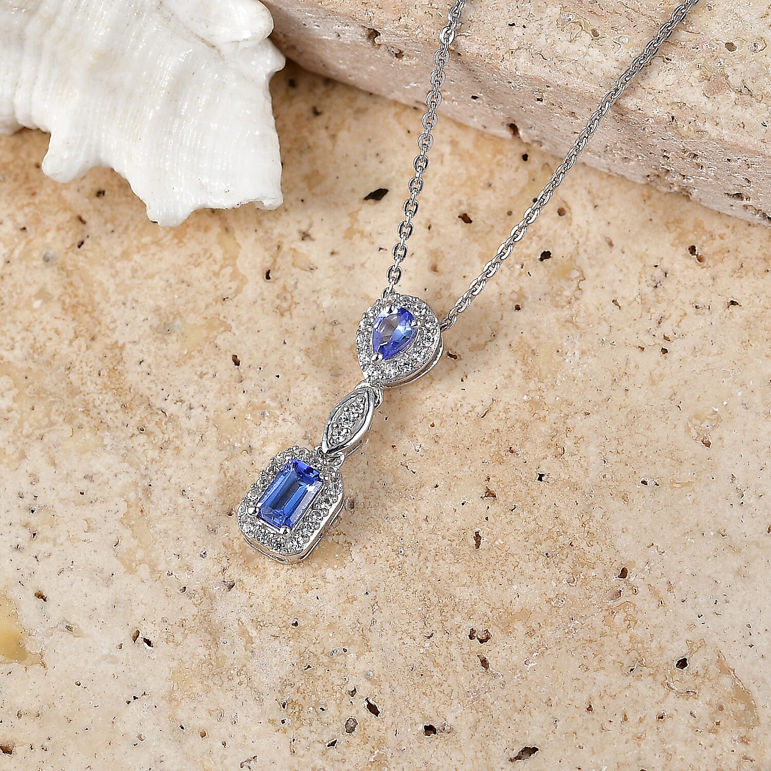 D'Joy - Tanzanite & White Zircon Pendant with Chain (Size 20) in Rhodium Overlay Sterling Silver
