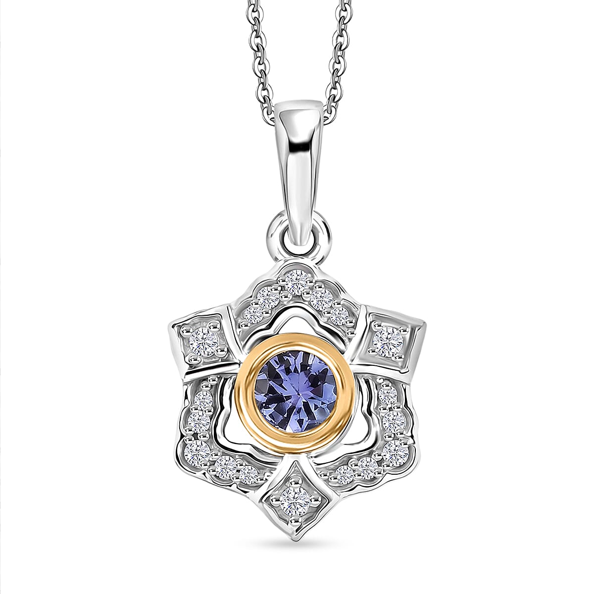 D'Joy - Tanzanite & White Zircon Pendant with Chain (Size 20) in Platinum Overlay & Yellow Gold Plated Sterling Silver