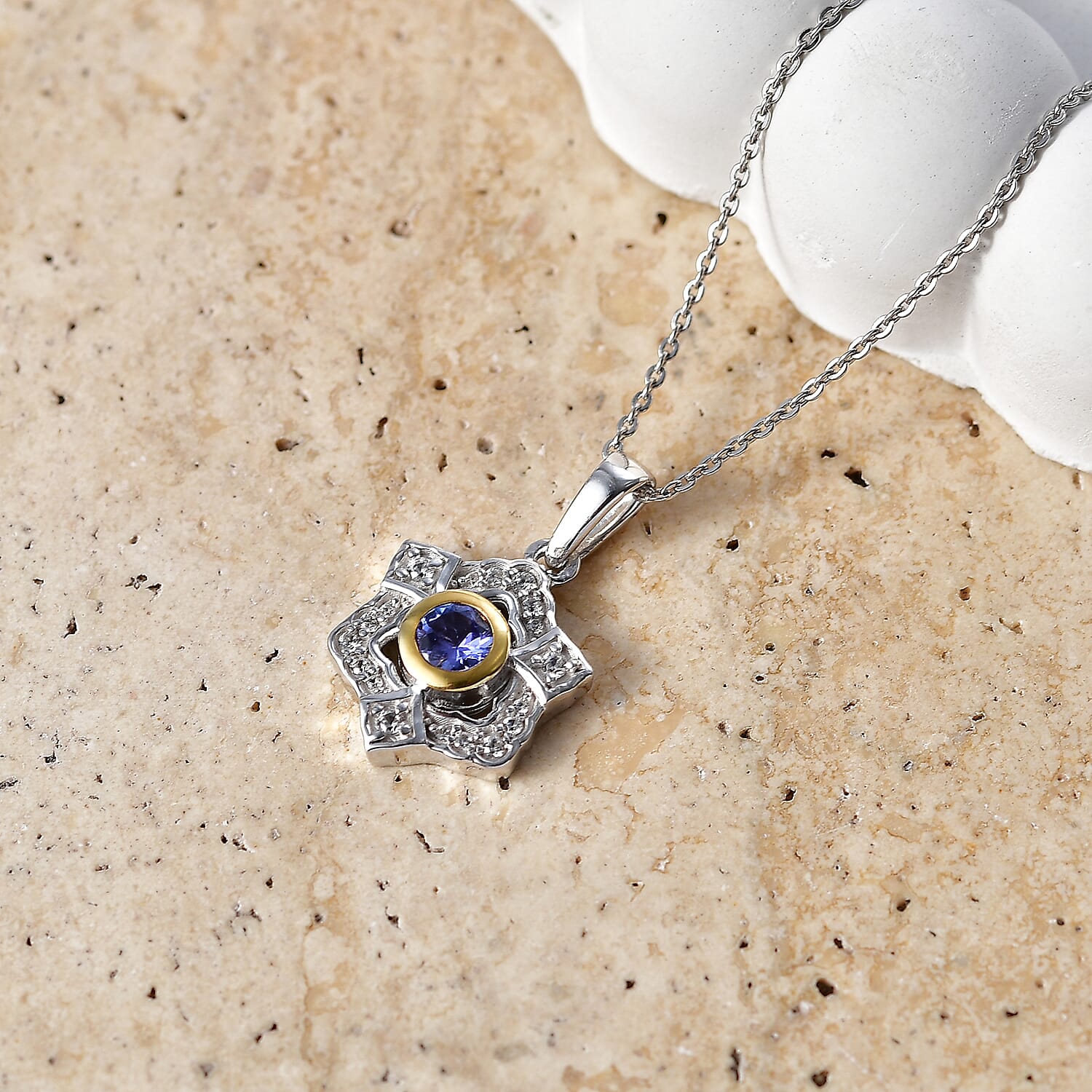 D'Joy - Tanzanite & White Zircon Pendant with Chain (Size 20) in Platinum Overlay & Yellow Gold Plated Sterling Silver