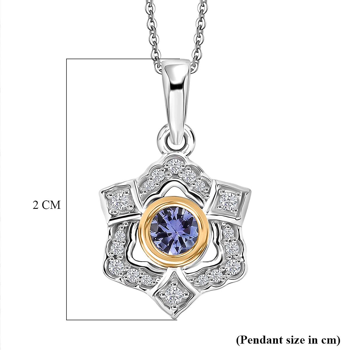 D'Joy - Tanzanite & White Zircon Pendant with Chain (Size 20) in Platinum Overlay & Yellow Gold Plated Sterling Silver