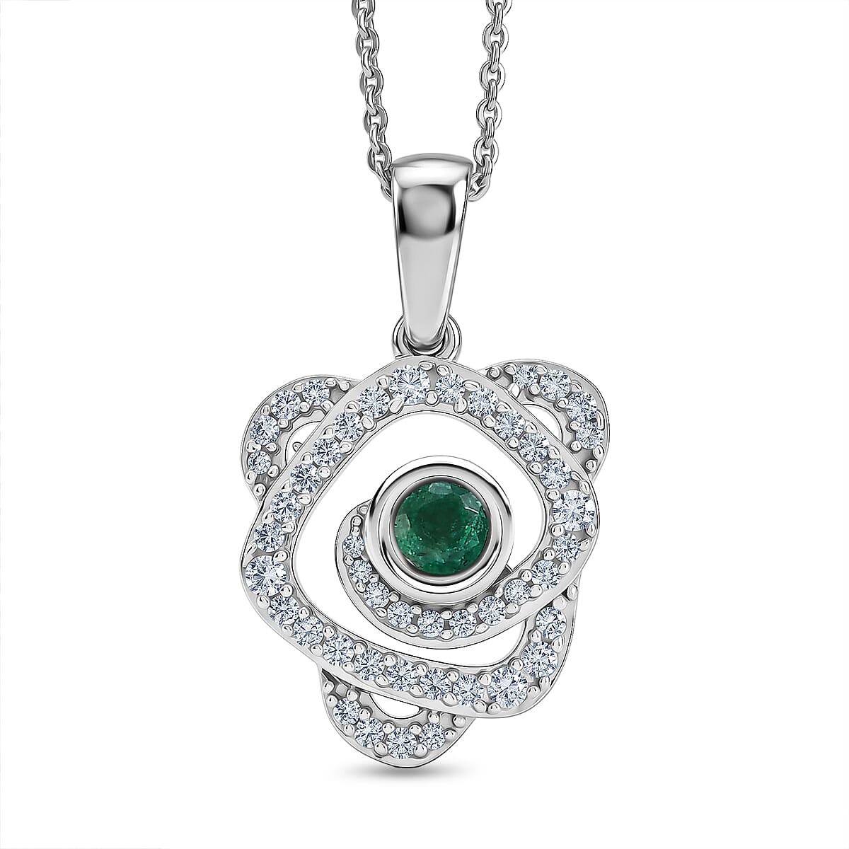 D'Joy - AAA Zambian Emerald & White Zircon Pendant with Chain (Size 20) in Rhodium Overlay Sterling Silver
