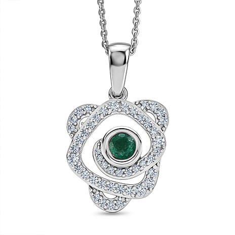 D'Joy - AAA Zambian Emerald & White Zircon Pendant with Chain (Size 20) in Rhodium Overlay Sterling Silver