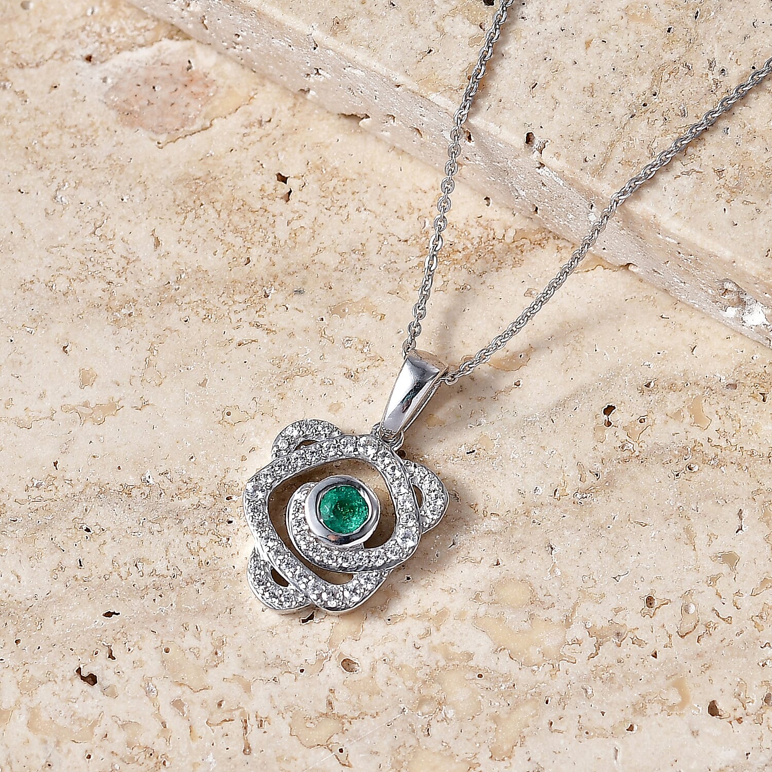 D'Joy - AAA Zambian Emerald & White Zircon Pendant with Chain (Size 20) in Rhodium Overlay Sterling Silver