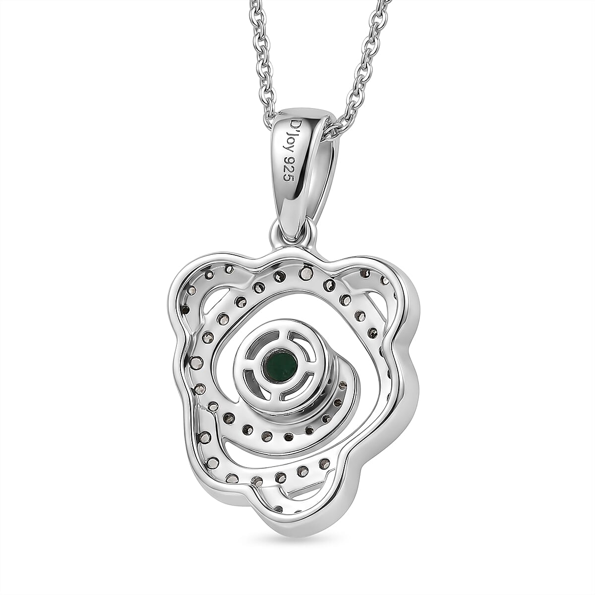 D'Joy - AAA Zambian Emerald & White Zircon Pendant with Chain (Size 20) in Rhodium Overlay Sterling Silver