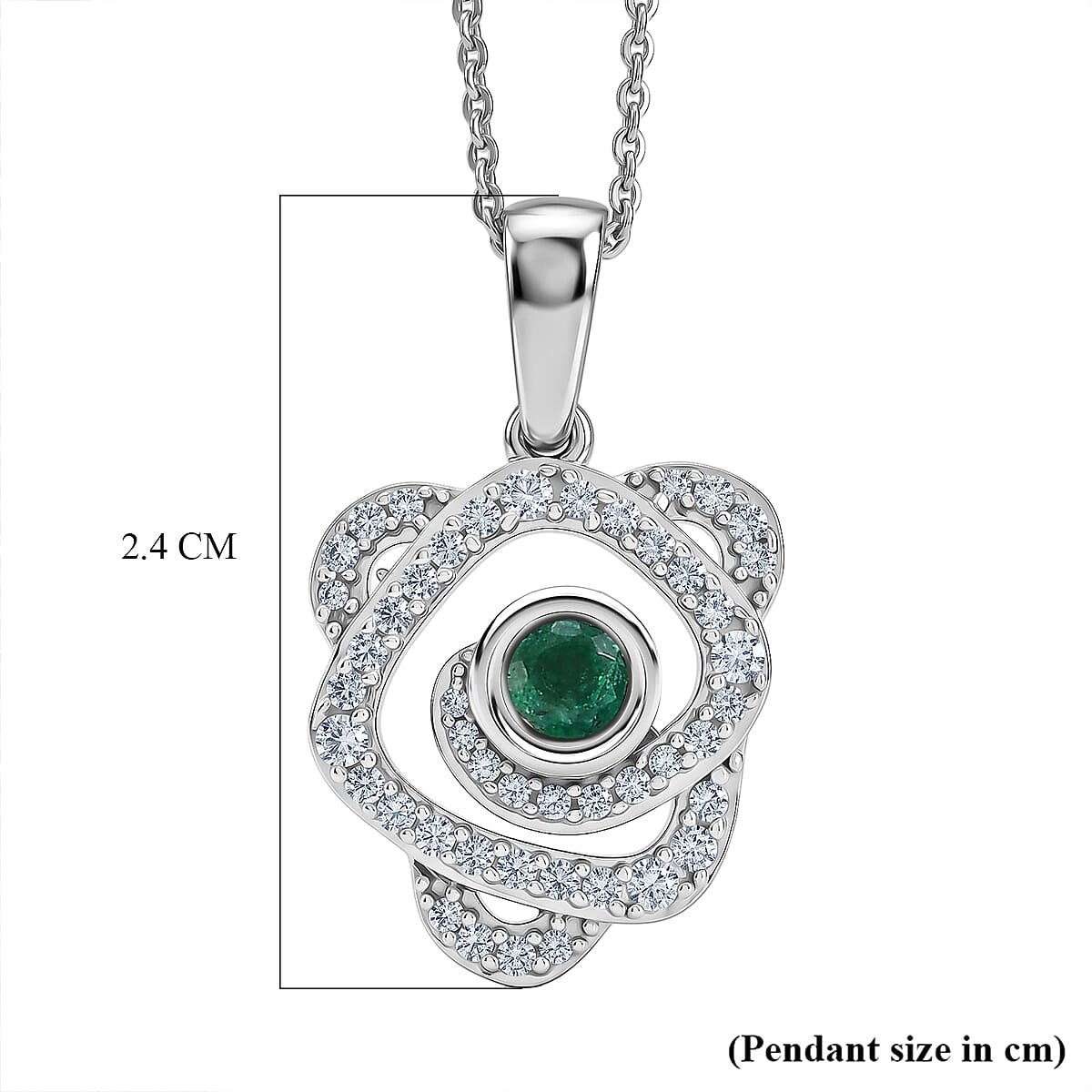 D'Joy - AAA Zambian Emerald & White Zircon Pendant with Chain (Size 20) in Rhodium Overlay Sterling Silver