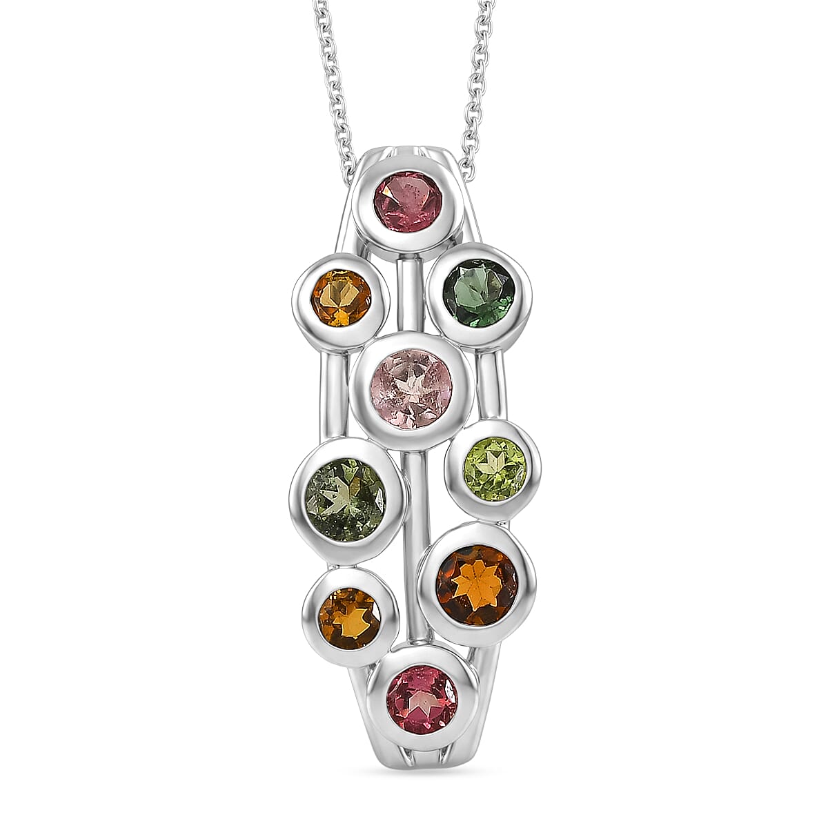 D'Joy - Multi-Tourmaline Pendant with Chain (Size 20) in Rhodium Overlay Sterling Silver 1.75 Ct.