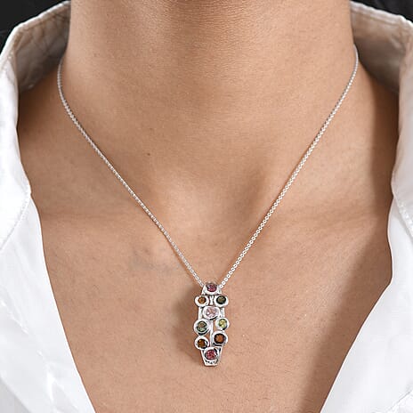 D'Joy - Multi-Tourmaline Pendant with Chain (Size 20) in Rhodium Overlay Sterling Silver 1.75 Ct.