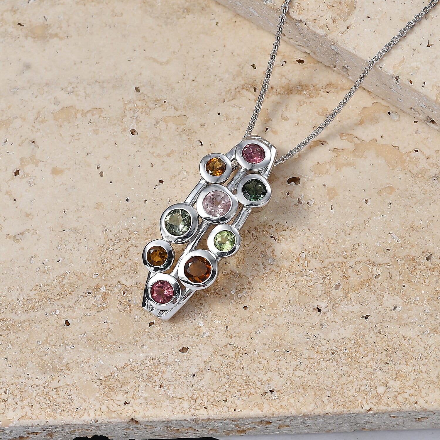 D'Joy - Multi-Tourmaline Pendant with Chain (Size 20) in Rhodium Overlay Sterling Silver 1.75 Ct.