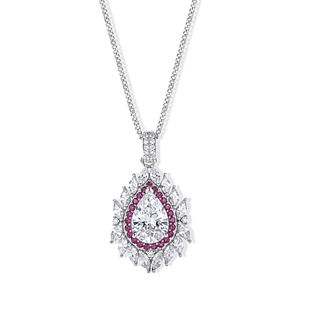 Moissanite & Pink Sapphire Double Halo Pear Shaped Pendant with Chain (Size 18) in Rhodium Overlay Sterling Silver 3.76 Ct.