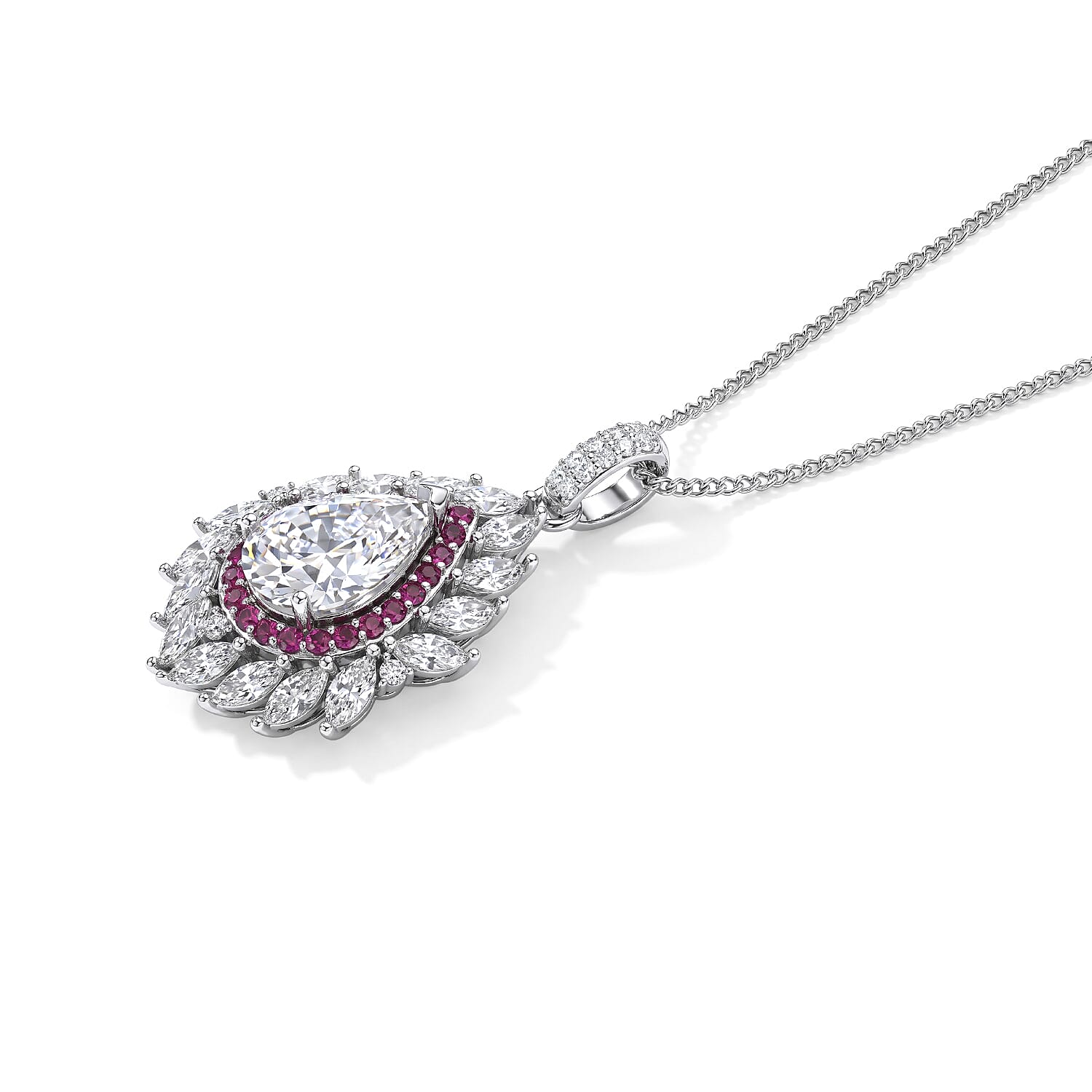 Moissanite & Pink Sapphire Pendant with Chain (Size 18) in Rhodium Overlay Sterling Silver 3.76 Ct.