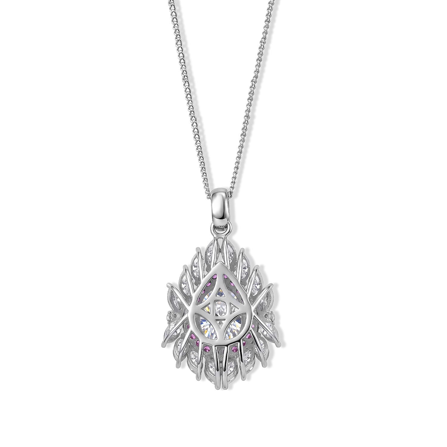 Moissanite & Pink Sapphire Pendant with Chain (Size 18) in Rhodium Overlay Sterling Silver 3.76 Ct.