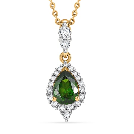D'Joy - Natural Chrome Diopside & White Zircon Halo Drop Pendant with Chain (Size 20) in Yellow Gold Plated Sterling Silver 1.15 Ct.