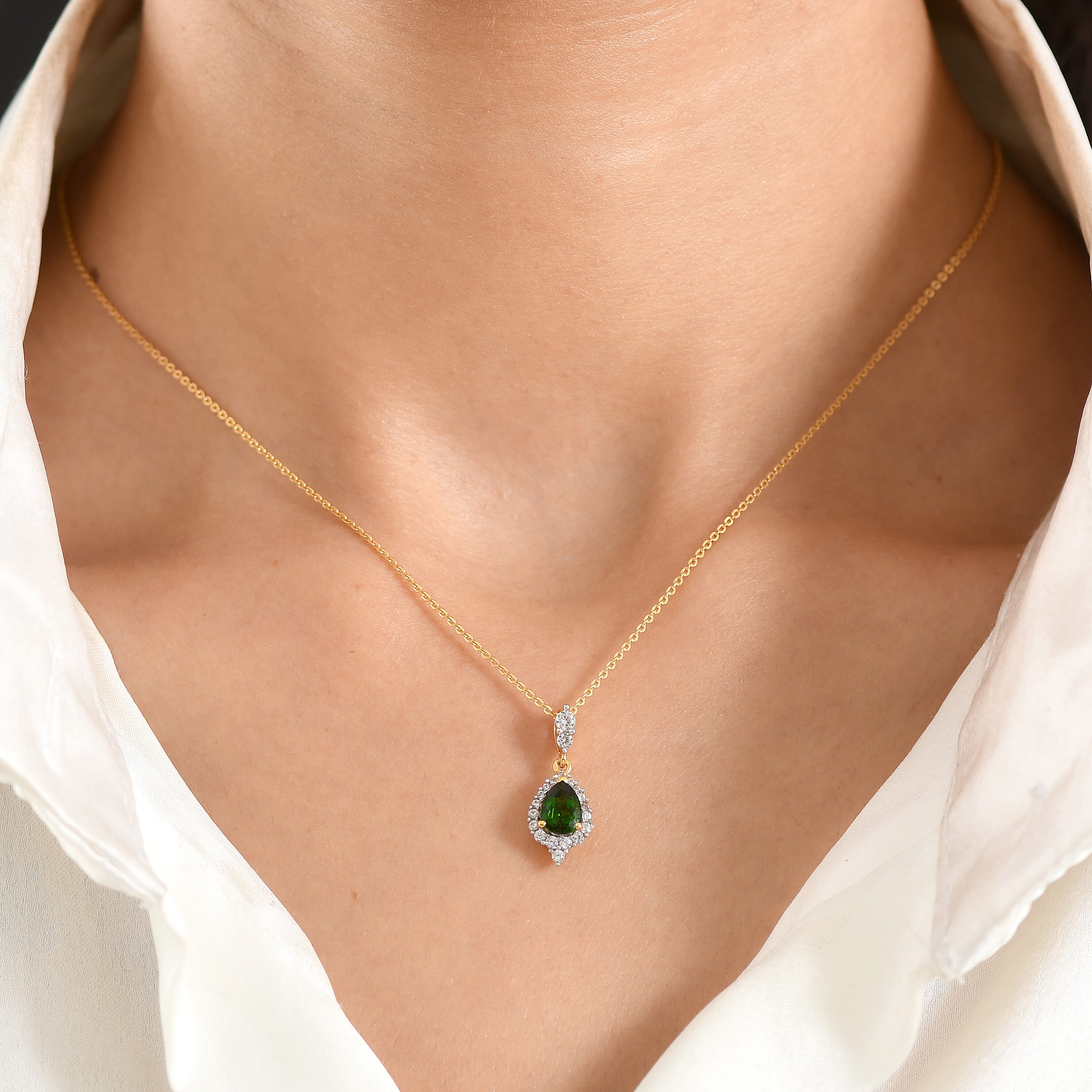 D'Joy - Natural Chrome Diopside & White Zircon Halo Drop Pendant with Chain (Size 20) in Yellow Gold Plated Sterling Silver 1.15 Ct.